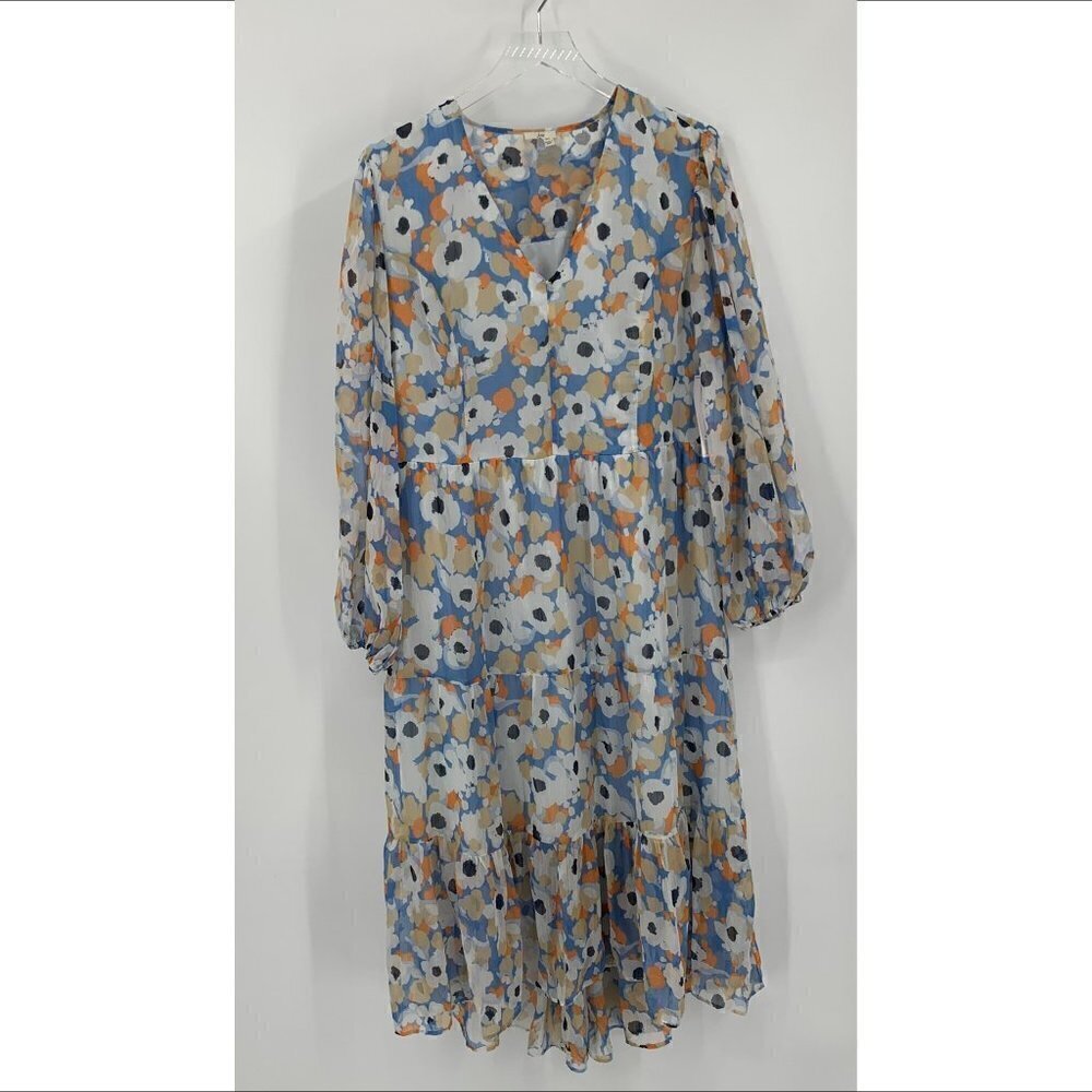 Joie chiffon printed floral maxi midi dress floaty flowy shift ruffle new Large
